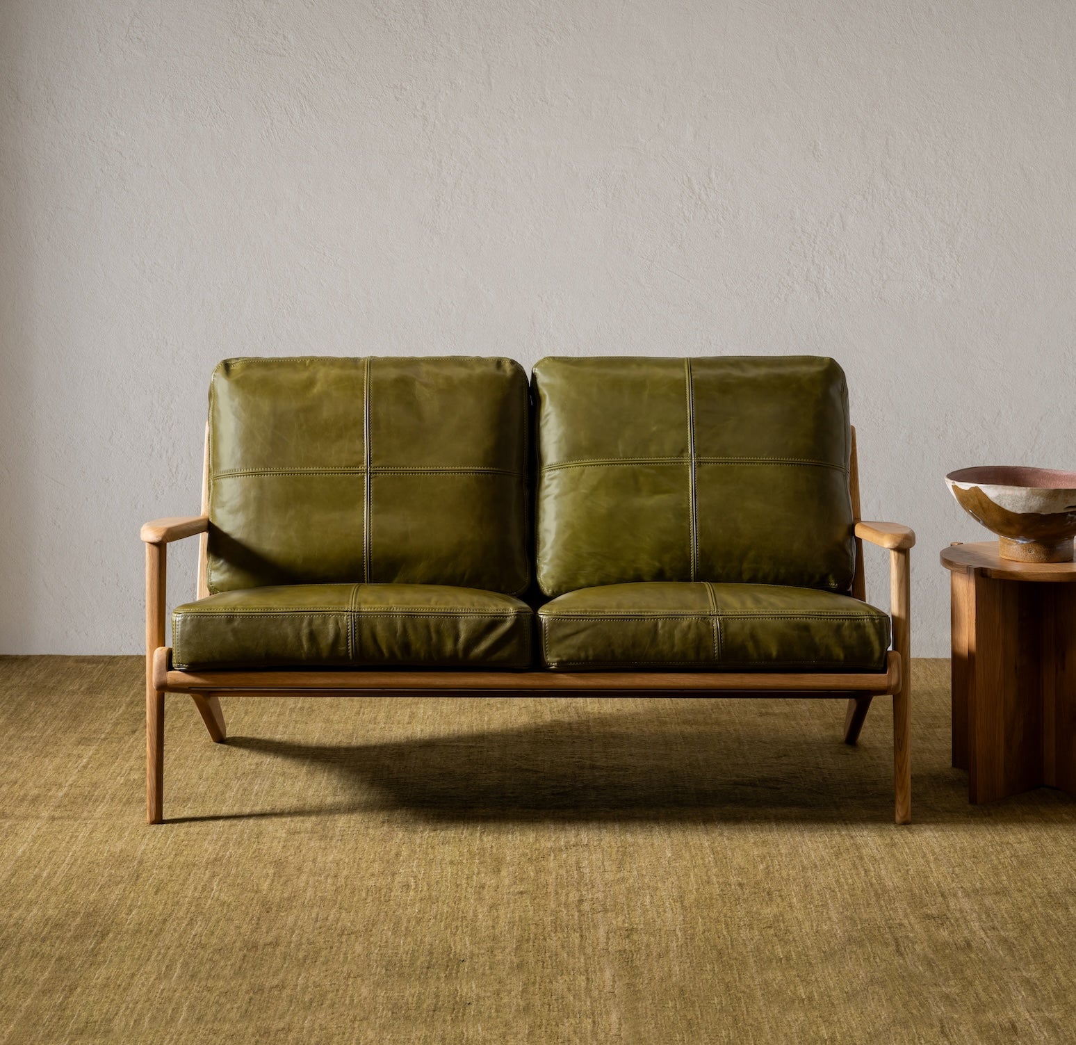 Map 2 Seat Sofa Oak Frame Green Leather