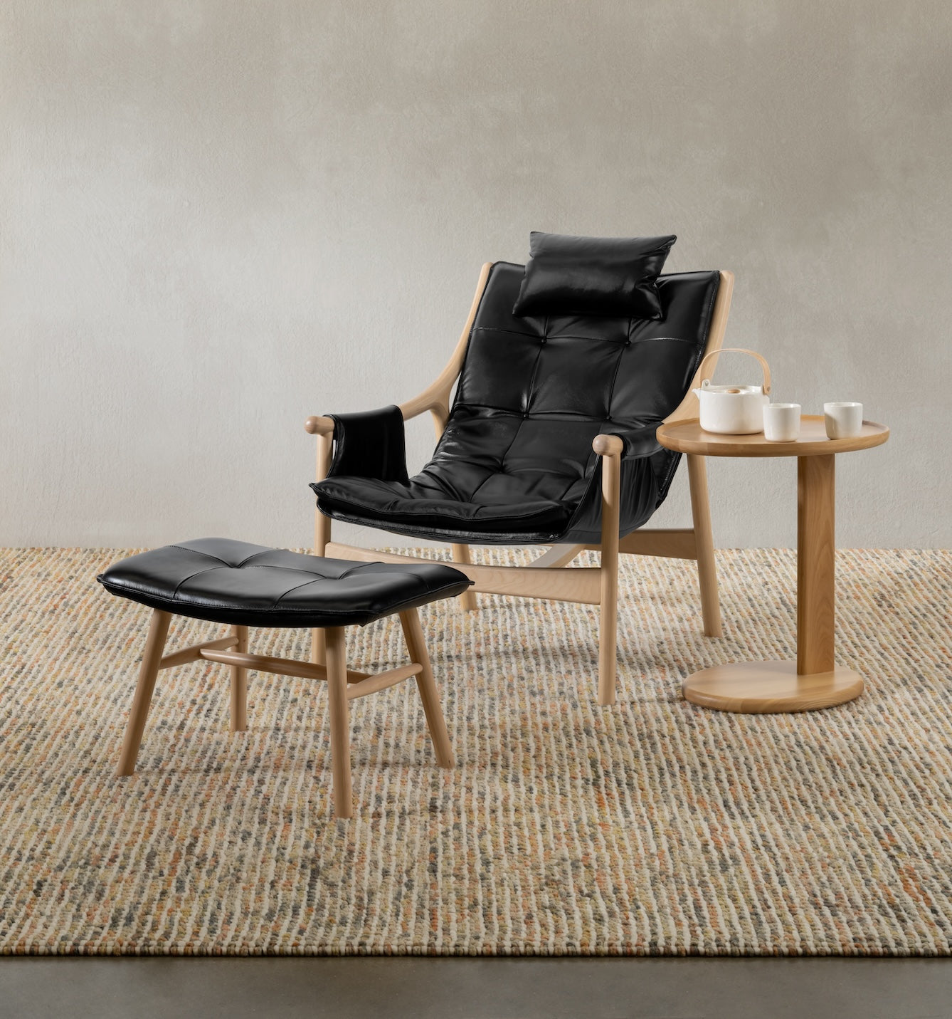 Reading Chair with Ottoman - Birch/Black Leather