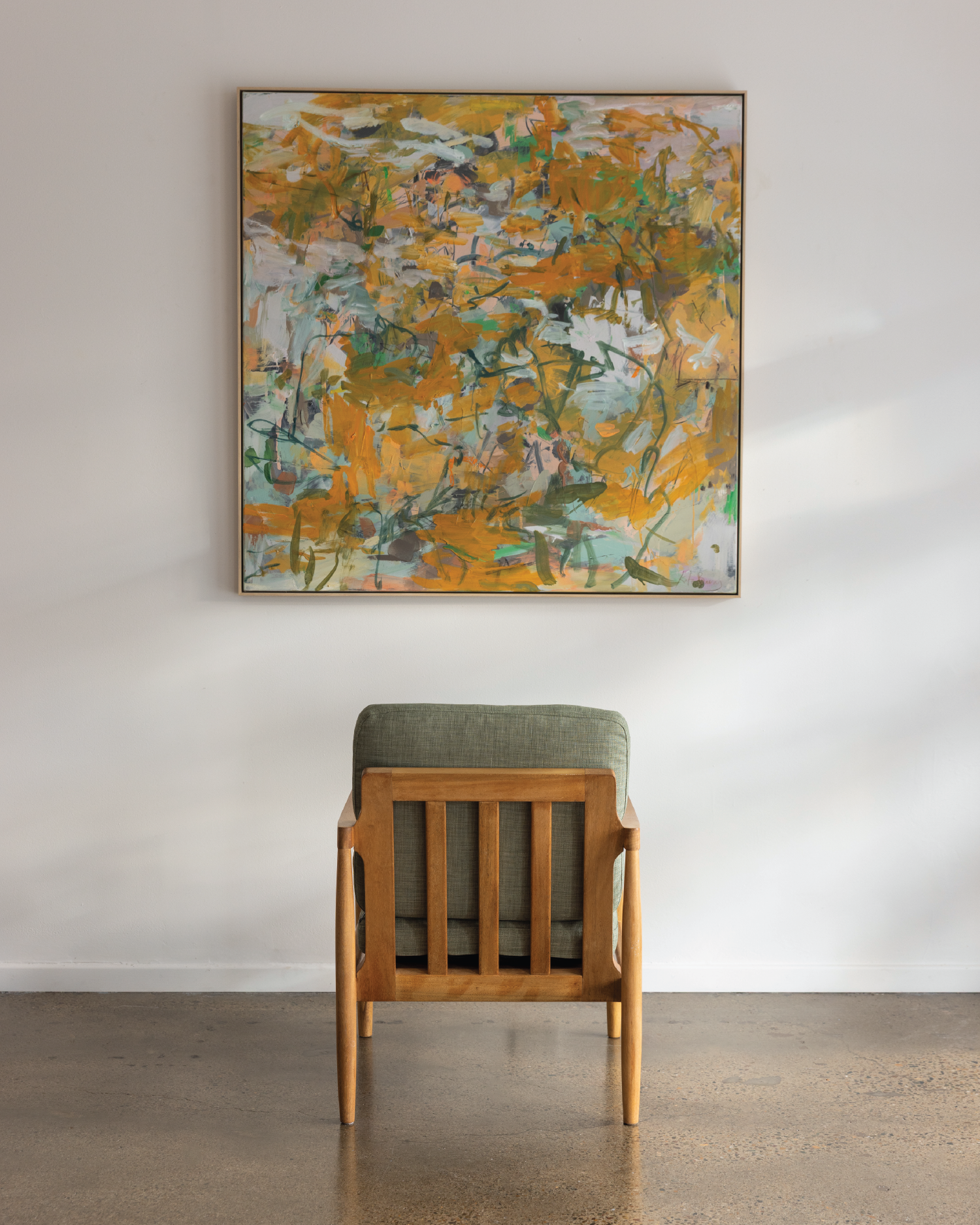 Den Armchair Oak Frame Sage Green Fabric