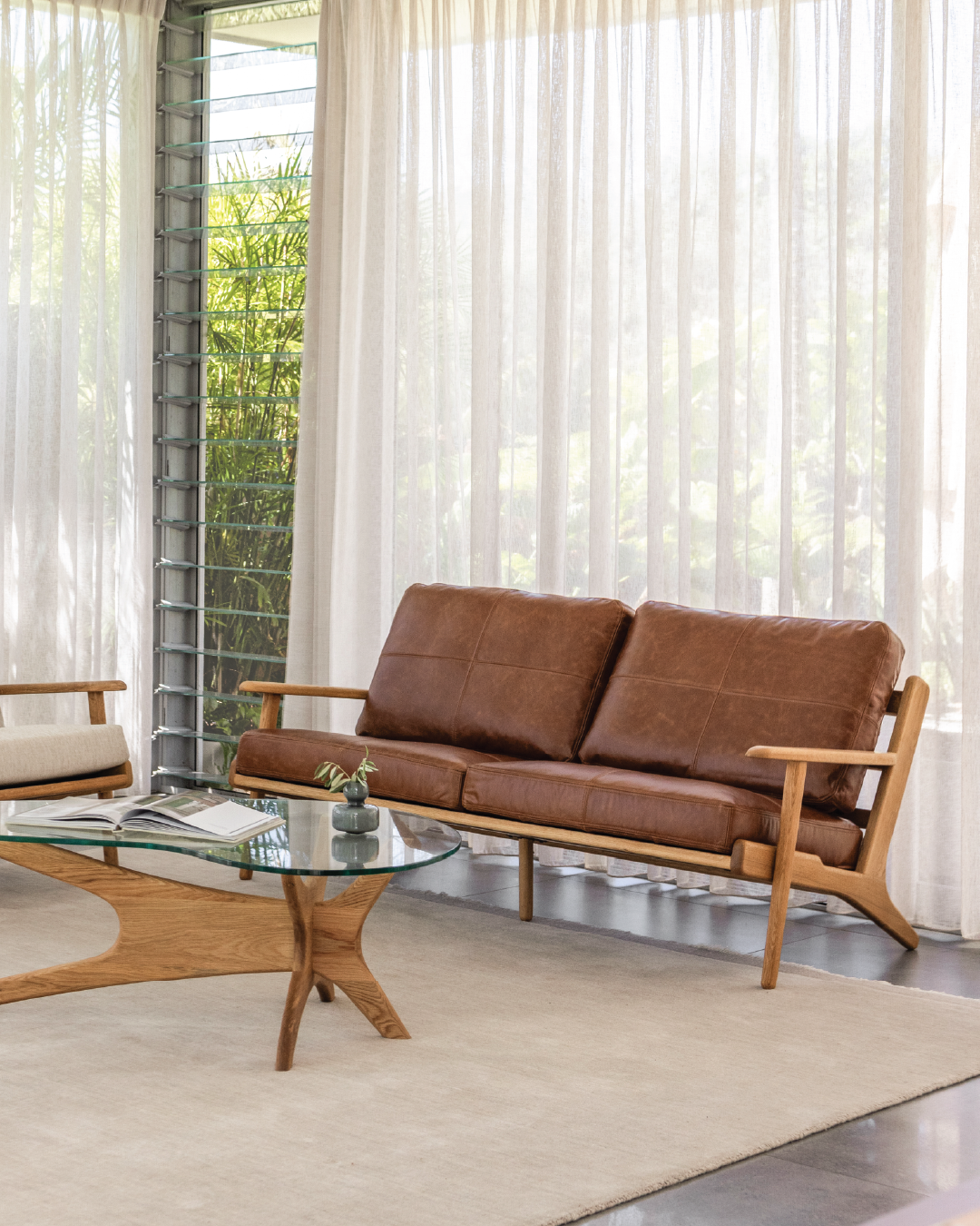 Map 3 Seat Sofa - Oak & Leather