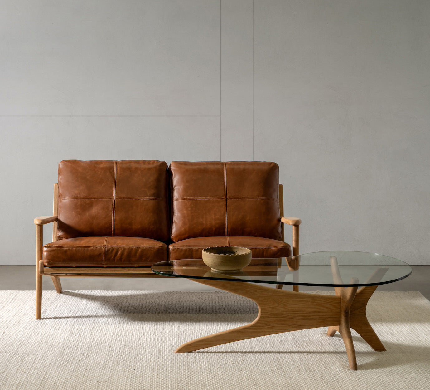 Map 2 Seat Sofa Oak Frame Brown Leather