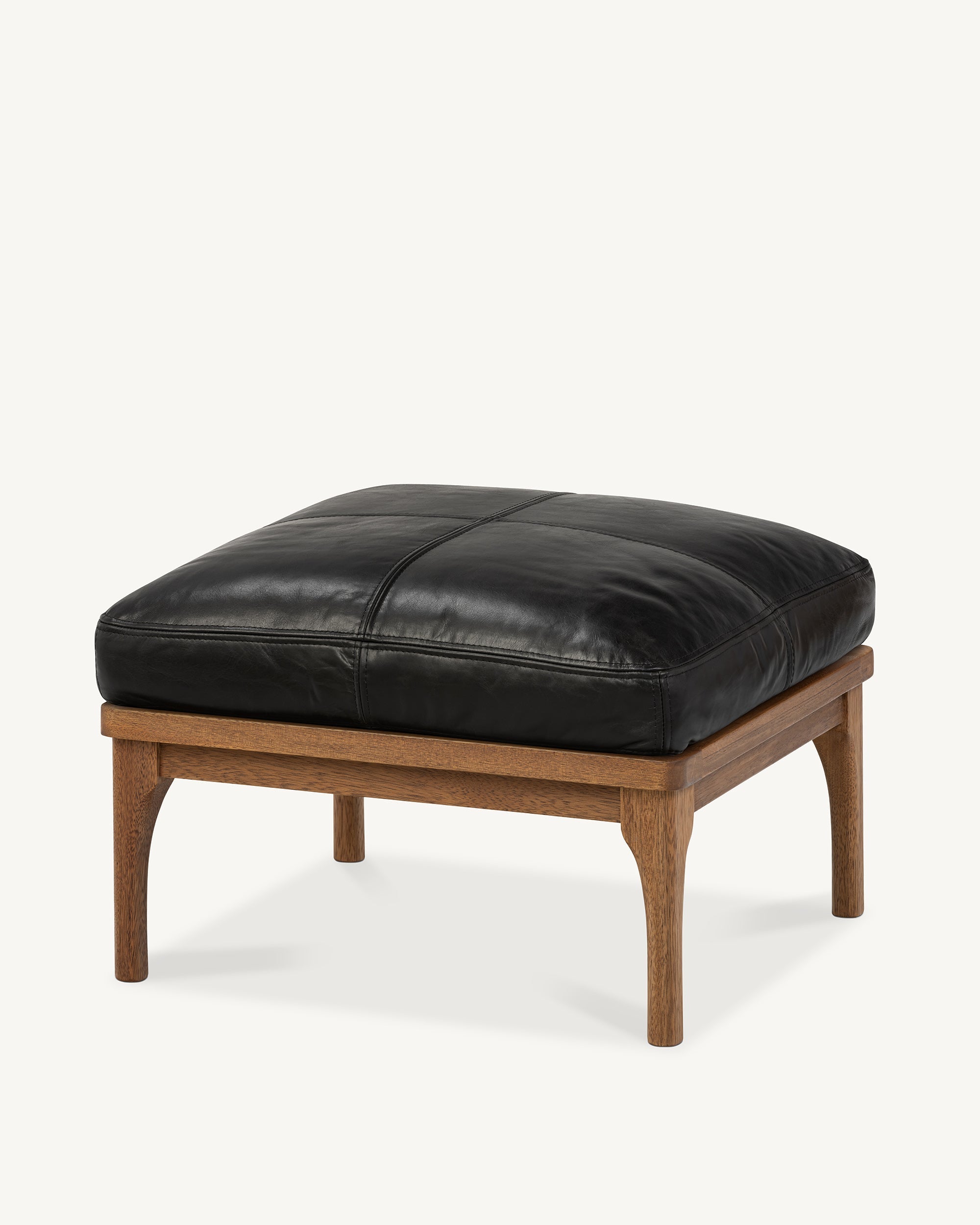 Den Footstool Walnut Frame Black Leather
