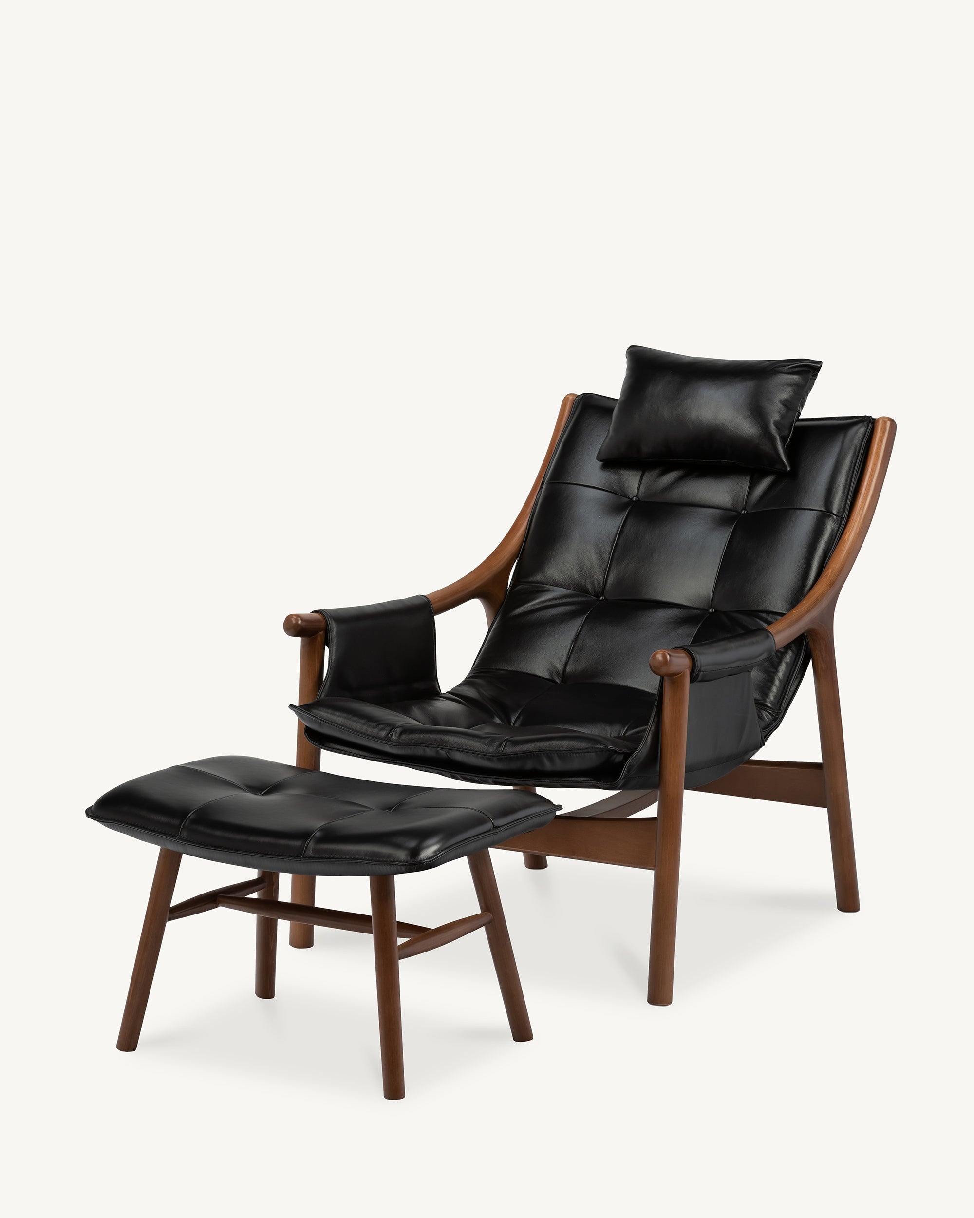 Reading Chair with Ottoman Birch Walnut Black Leather