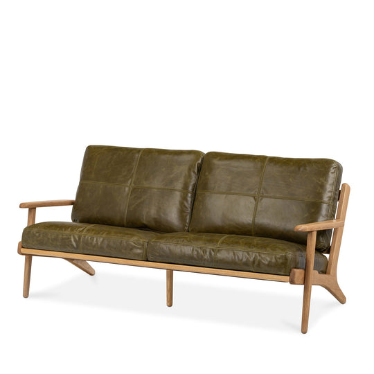Map 3 Seat Sofa (Oak Frame/Green Leather) - Special Order
