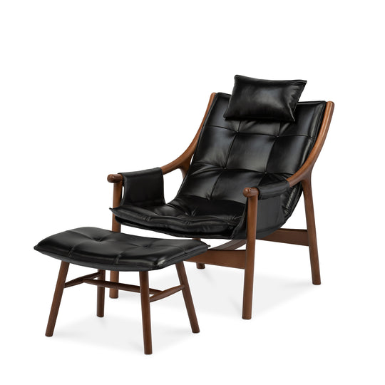 Reading Chair with Ottoman - Birch Walnut/Black Leather