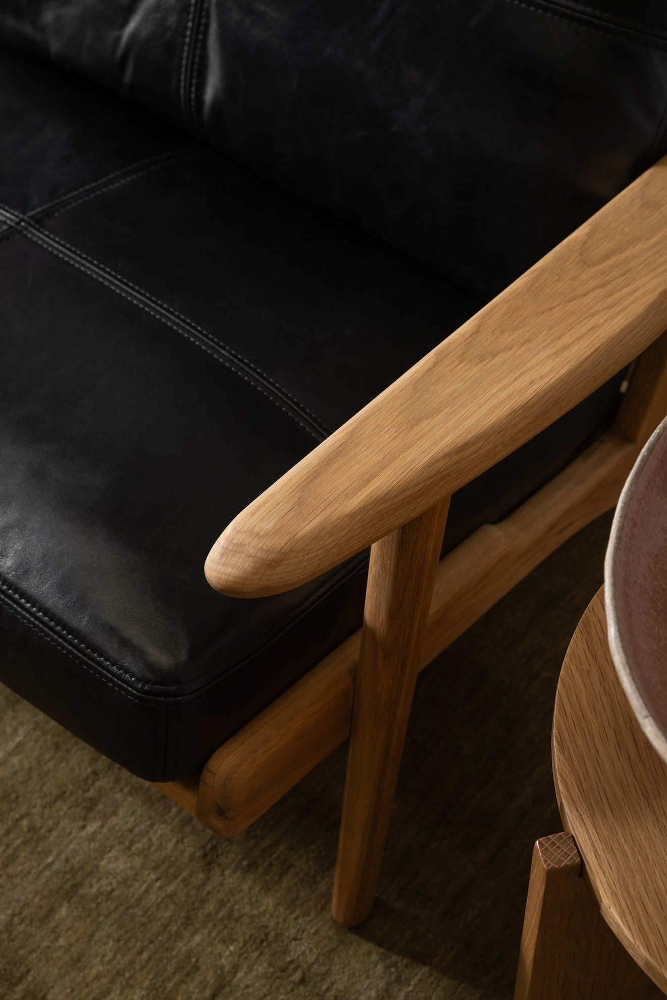 Map 3 Seat Sofa Oak Frame Black Leather