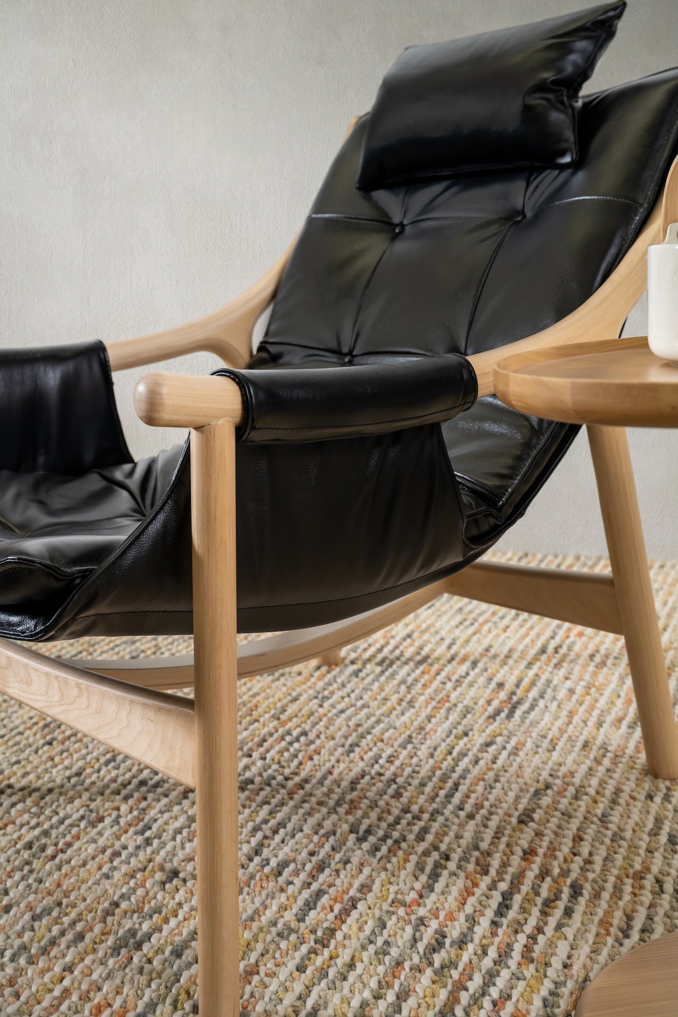 Reading Chair with Ottoman - Birch/Black Leather