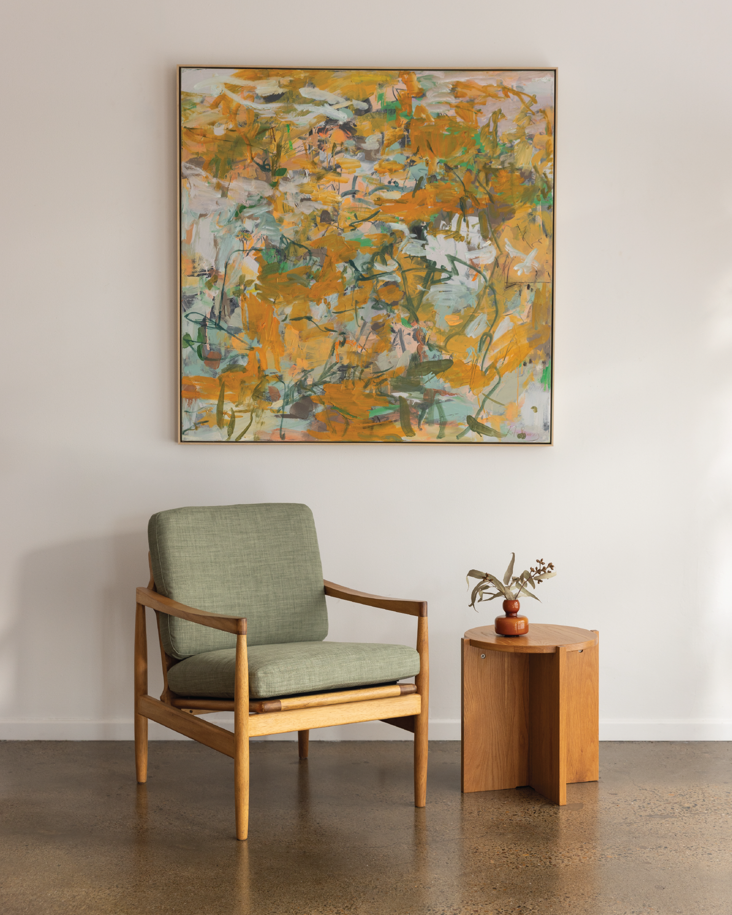 Den Armchair Oak Frame Sage Green Fabric