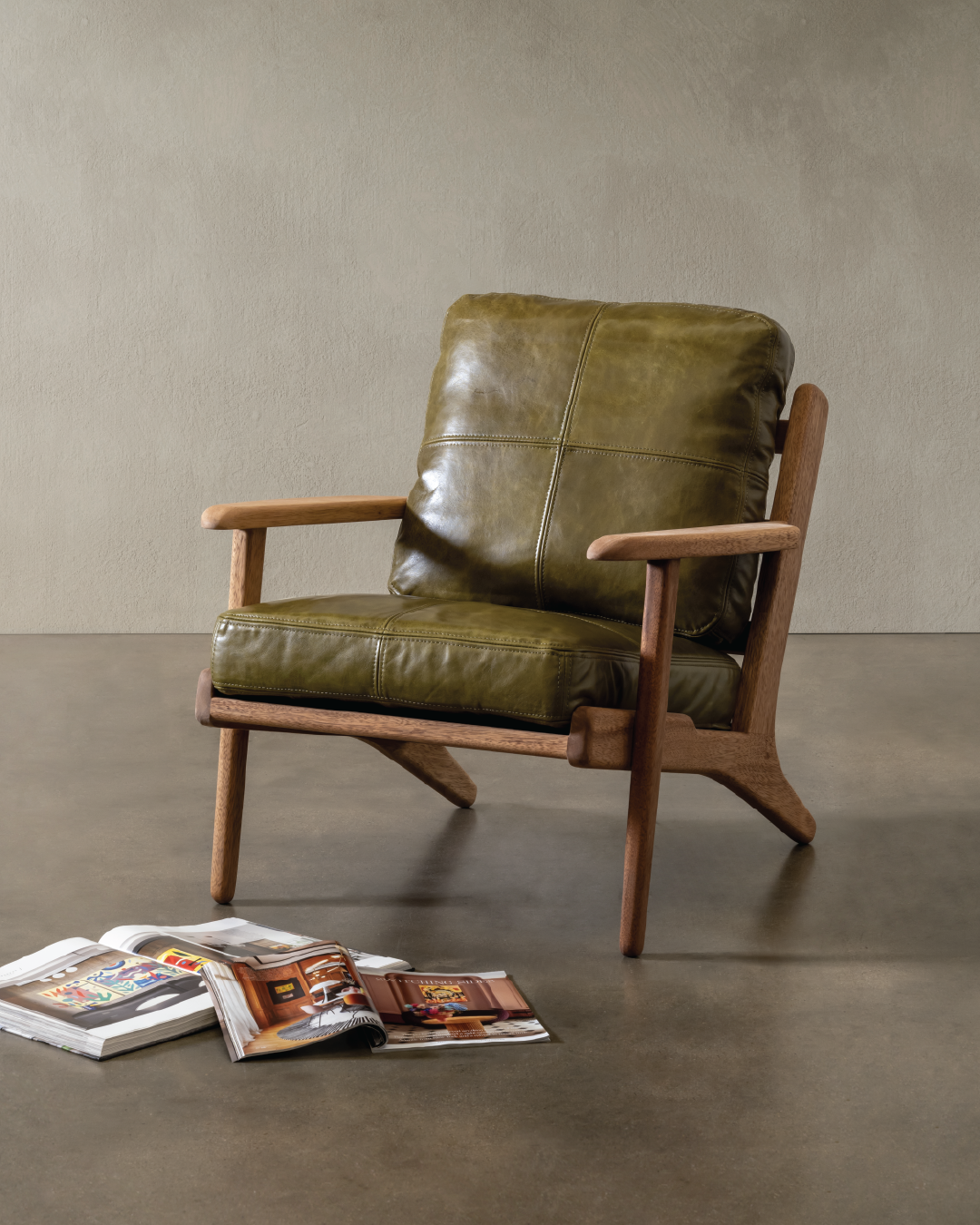 Map Armchair Walnut Frame Green Leather