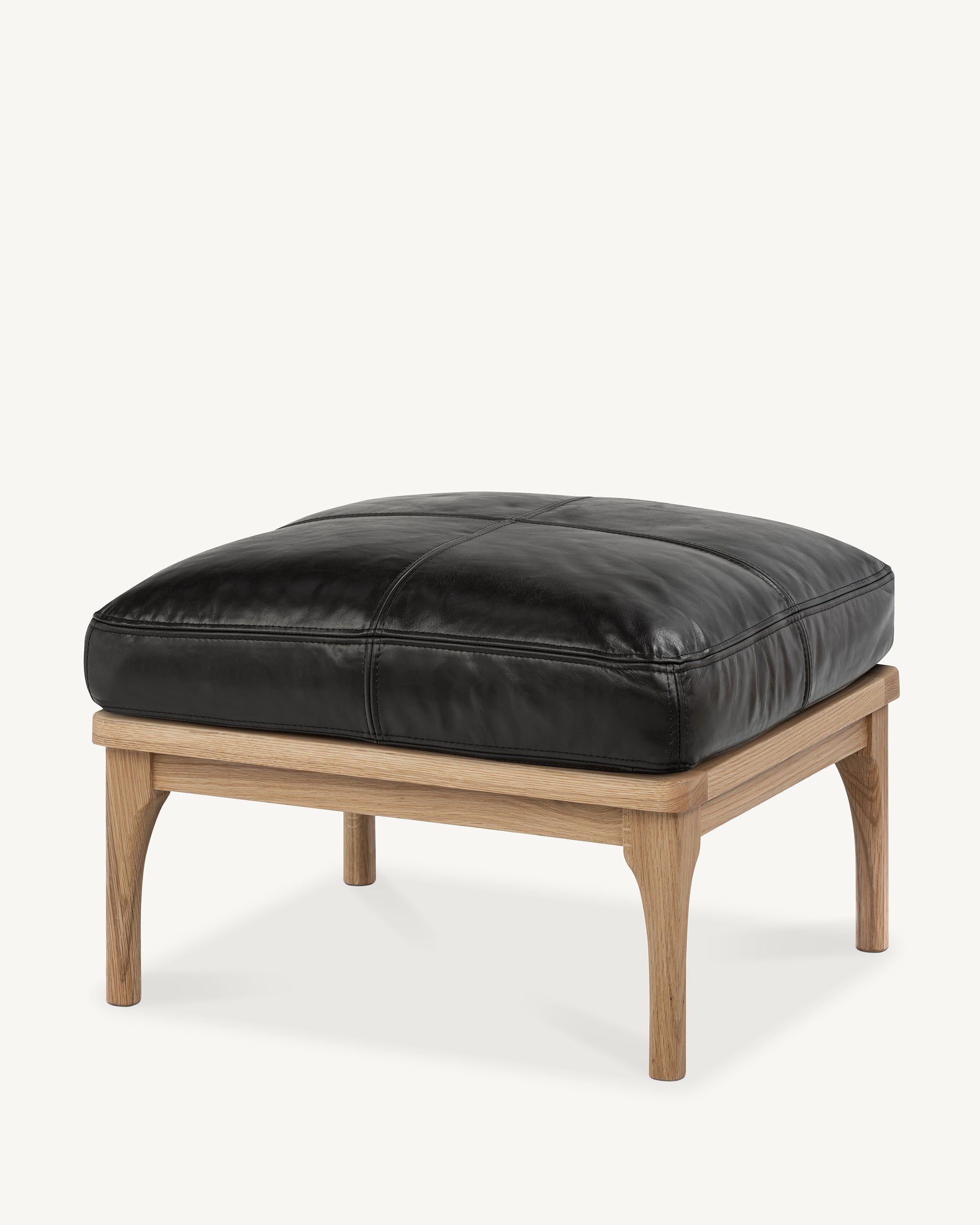 Den Footstool Oak Frame Black Leather