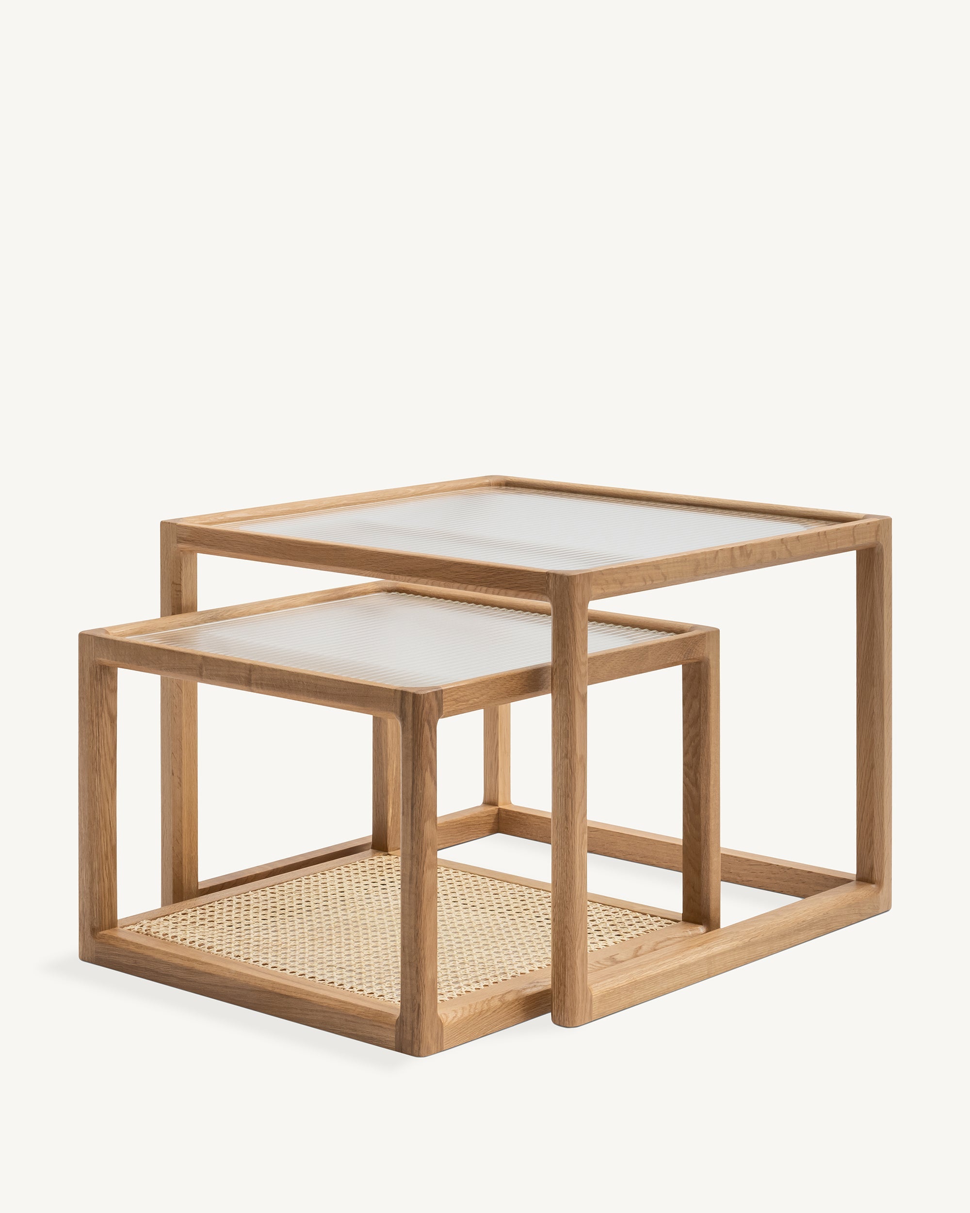 Forest Nest of Oak and Rattan Glass Coffee Tables