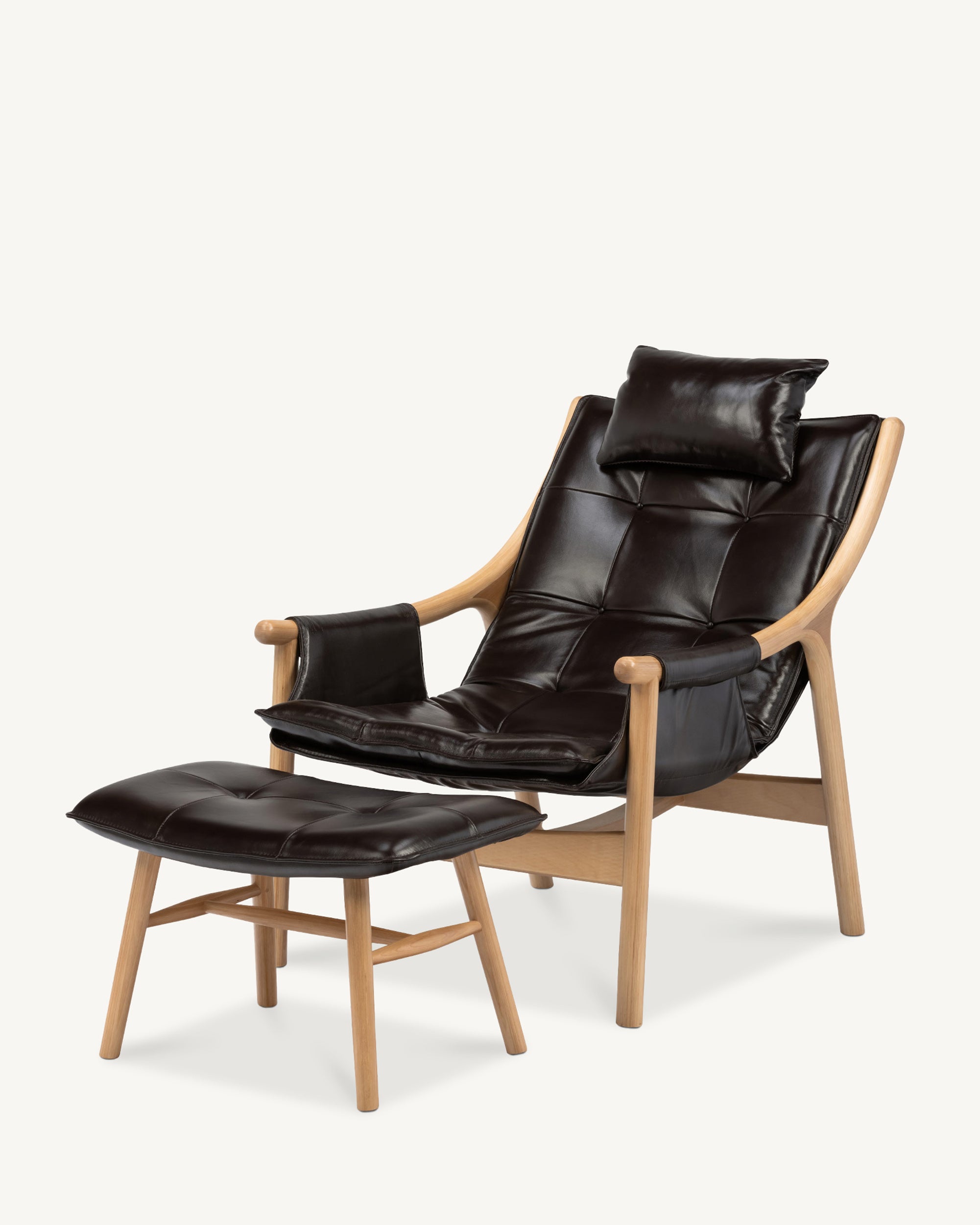 Reading Chair with Ottoman - Birch/Black Leather