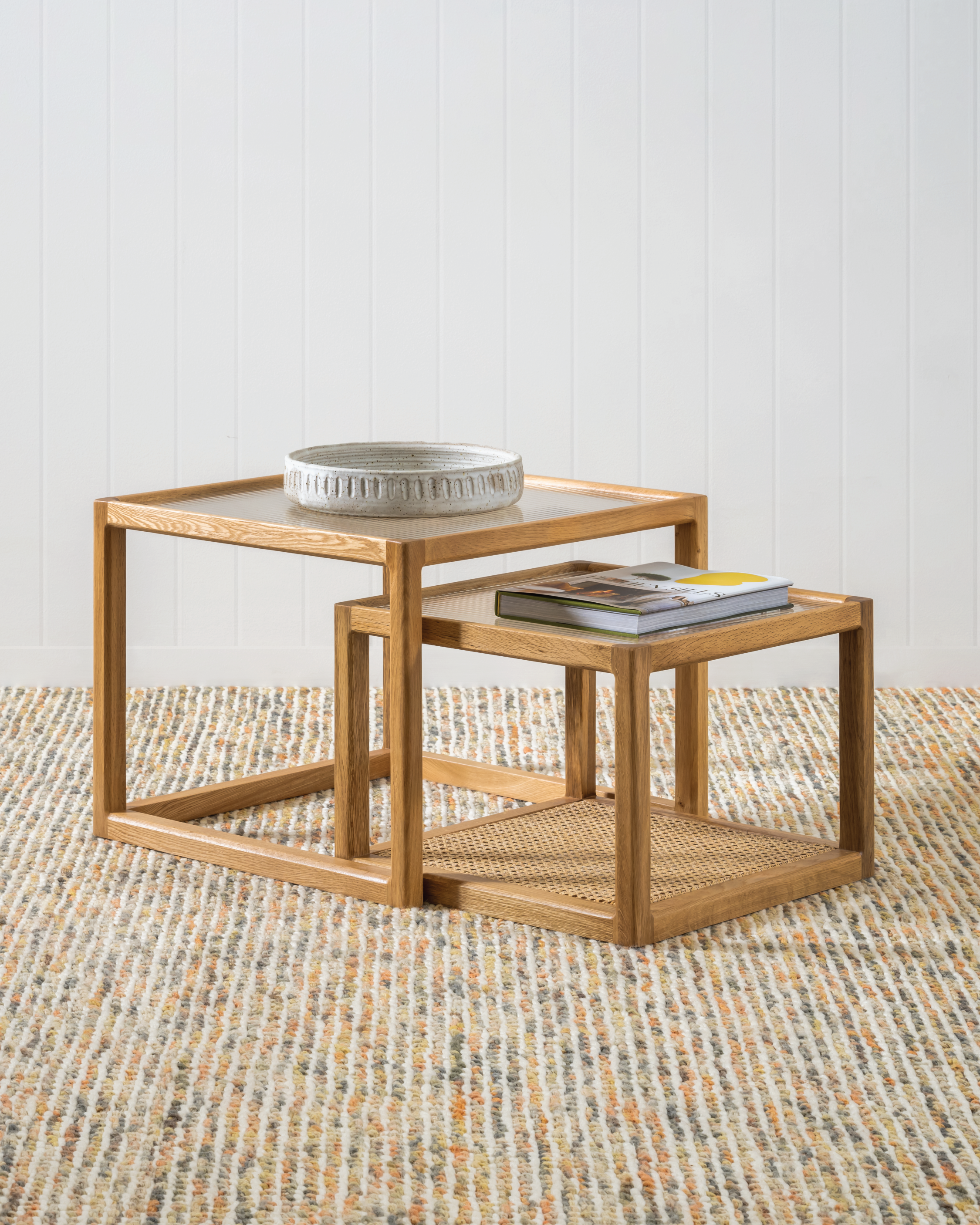 Forest Nest of Oak and Rattan Glass Coffee Tables
