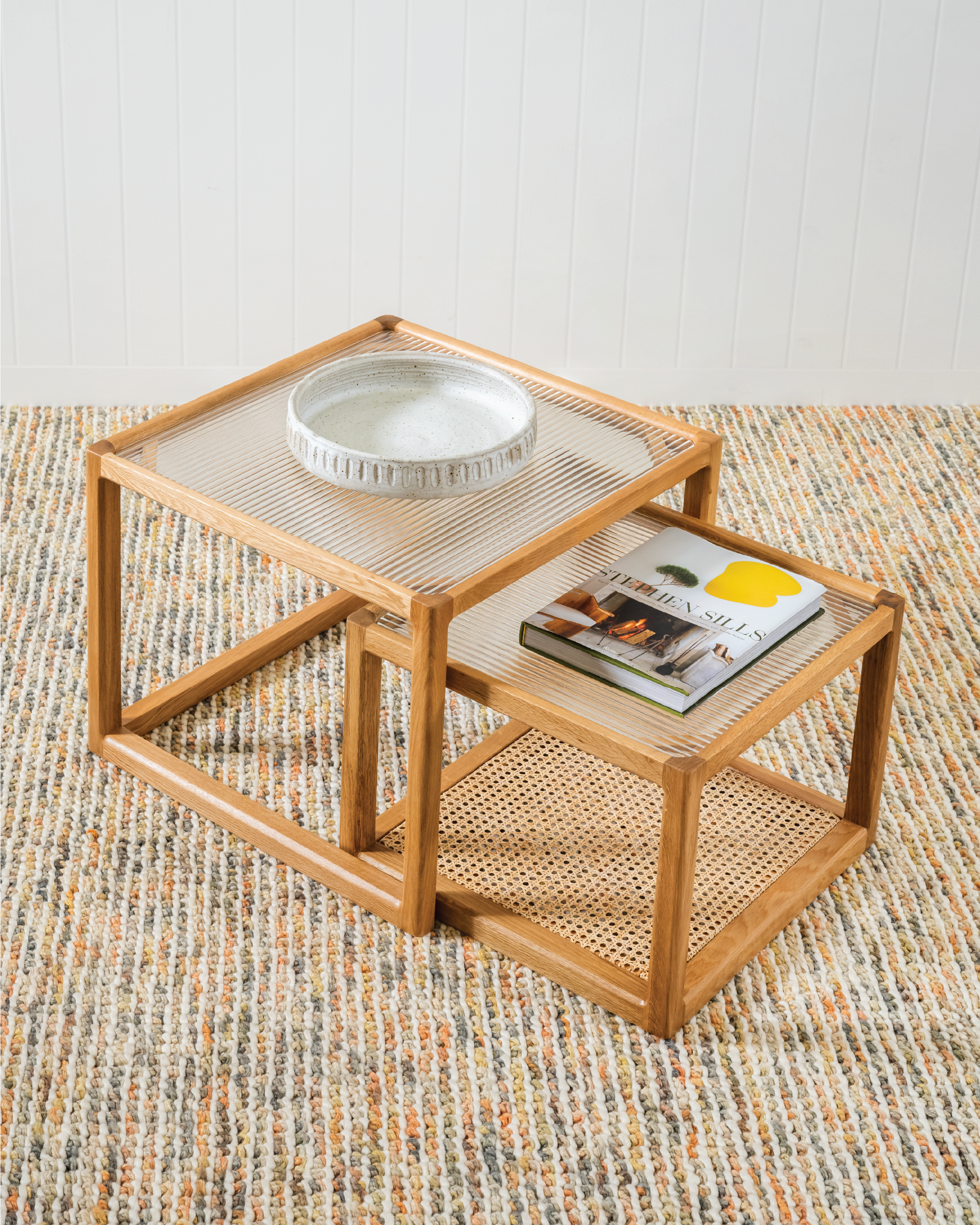 Forest Nest of Oak and Rattan Glass Coffee Tables