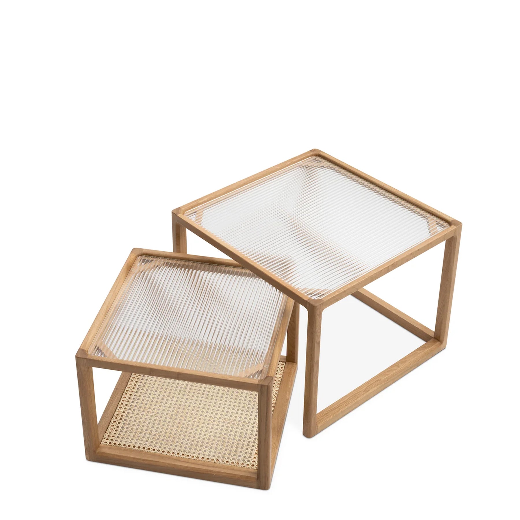 Forest Nest of Oak and Rattan Glass Coffee Tables