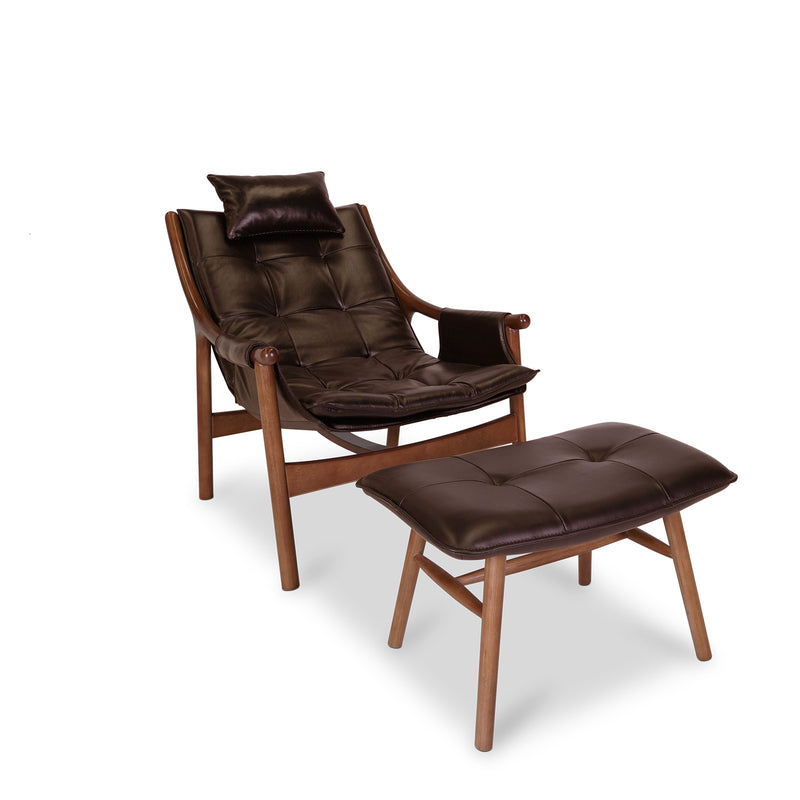 Reading Chair with Ottoman - Birch Walnut/Brown Leather