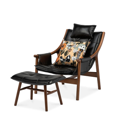 Reading Chair with Ottoman - Birch Walnut/Black Leather