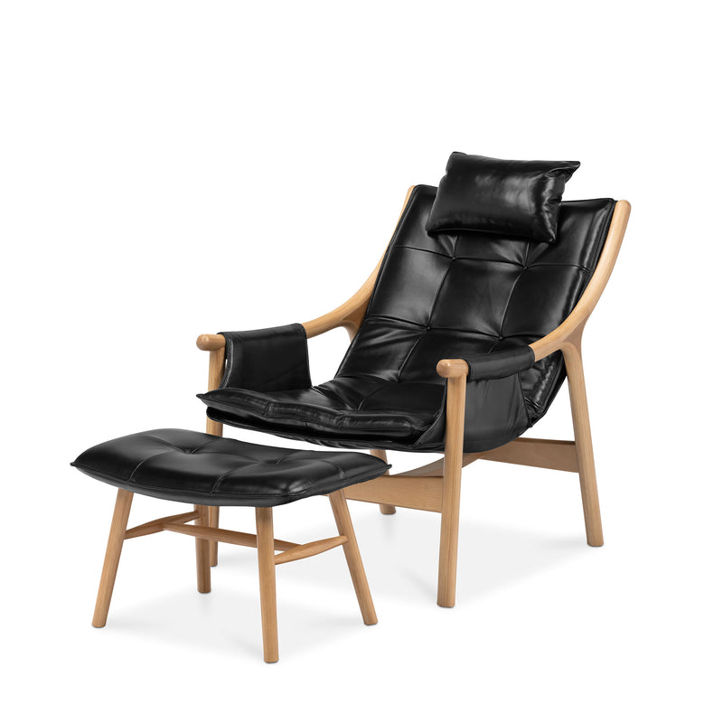 Reading Chair with Ottoman - Birch/Black Leather