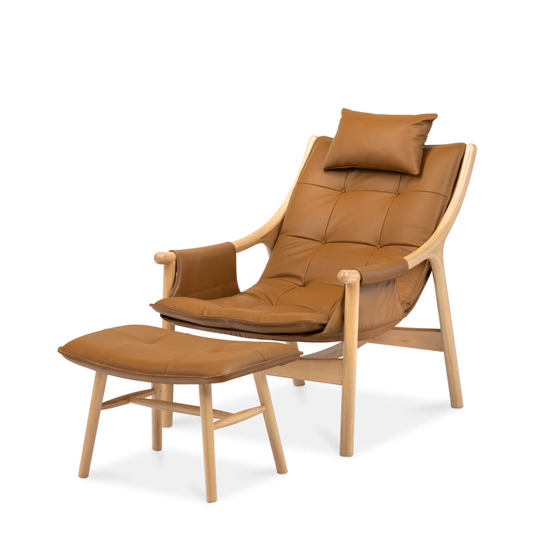 Reading Chair with Ottoman - Birch/Tan Leather